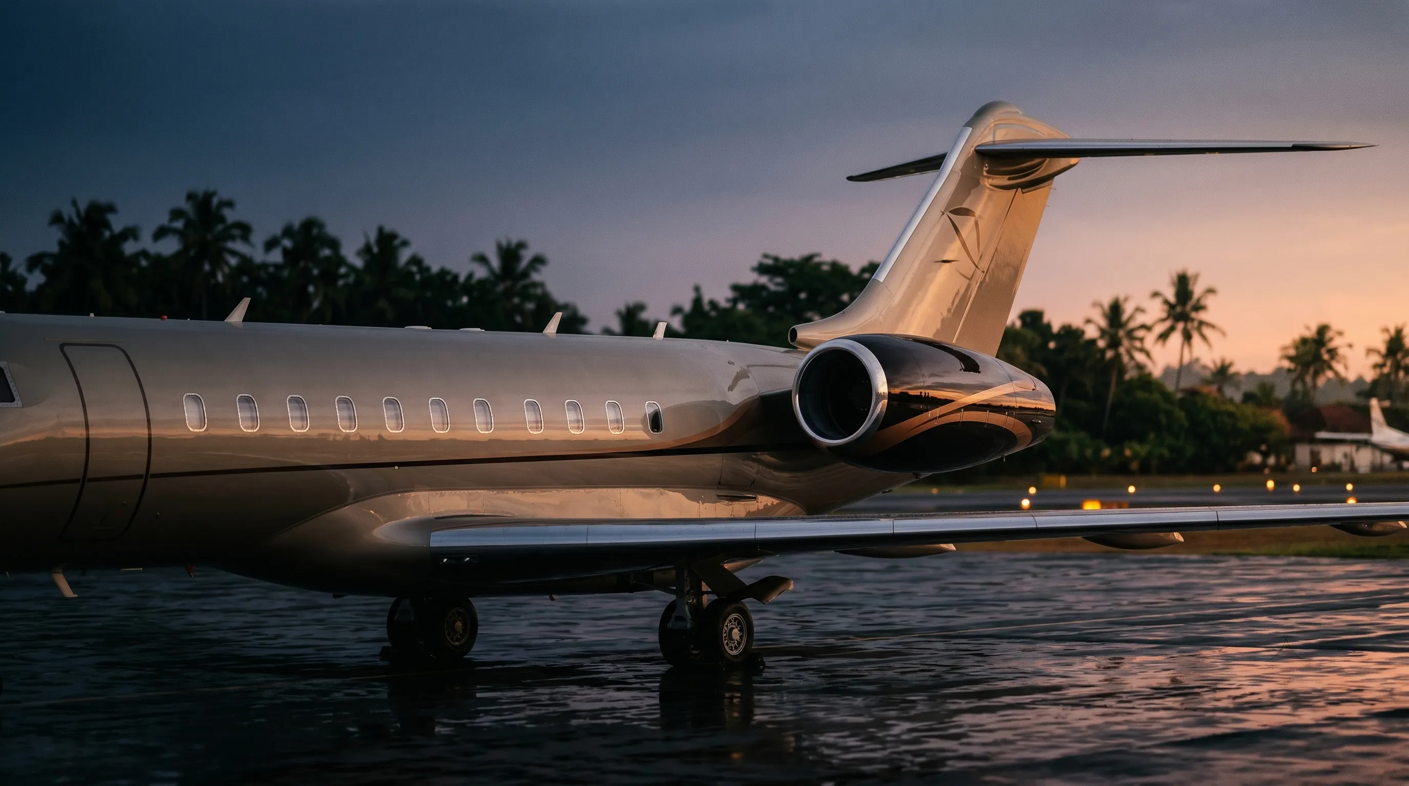 Private jet on the apron at dusk