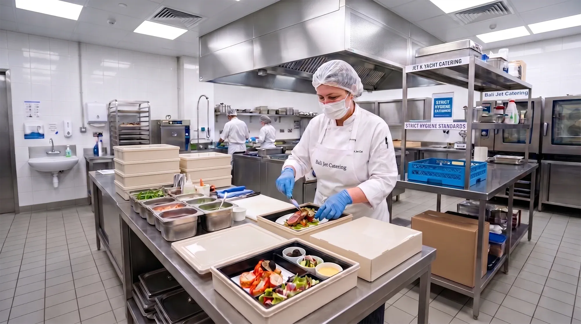 HACCP-compliant galley, chef plating to high hygiene standards